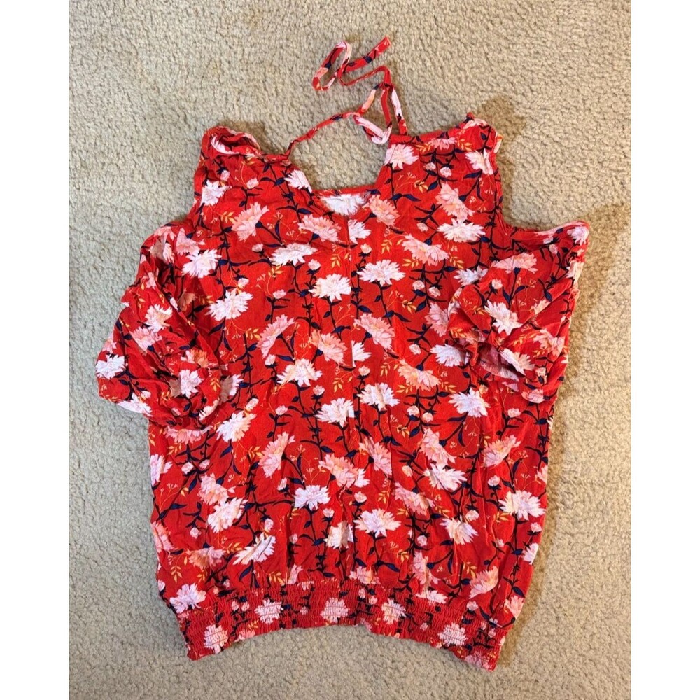 Red Pink White Floral Cold Shoulder Ruffle Smocked Waist Blouse S/M